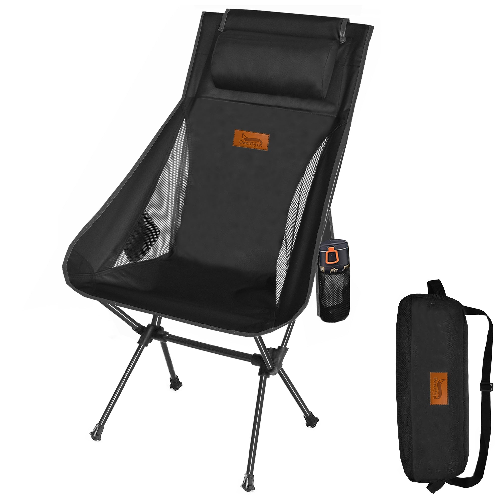 DesertFox キャンプ 椅子 アウトドアチェア 折りたたみ 枕付き 超軽量 【独自開発のカップホルダー】 【耐荷重150kg】 キャンプ チェア コンパクト イス ハイバック 椅子 いす 収納袋付属 お釣り 登山 携帯便利 0088